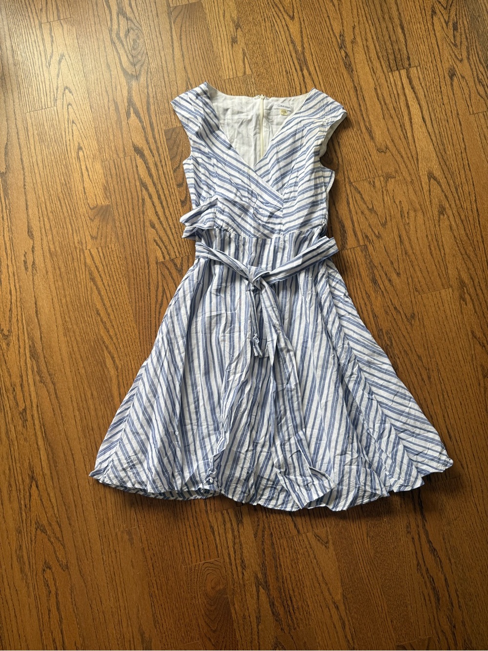 Calvin Klein Blue & White Striped Wrap Midi Dress